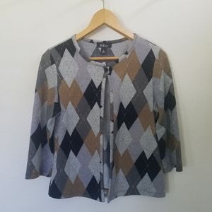 Womens 90s Argyle Cardigan 3/4 Sleeve Sz 8 Academia Preppy AGB